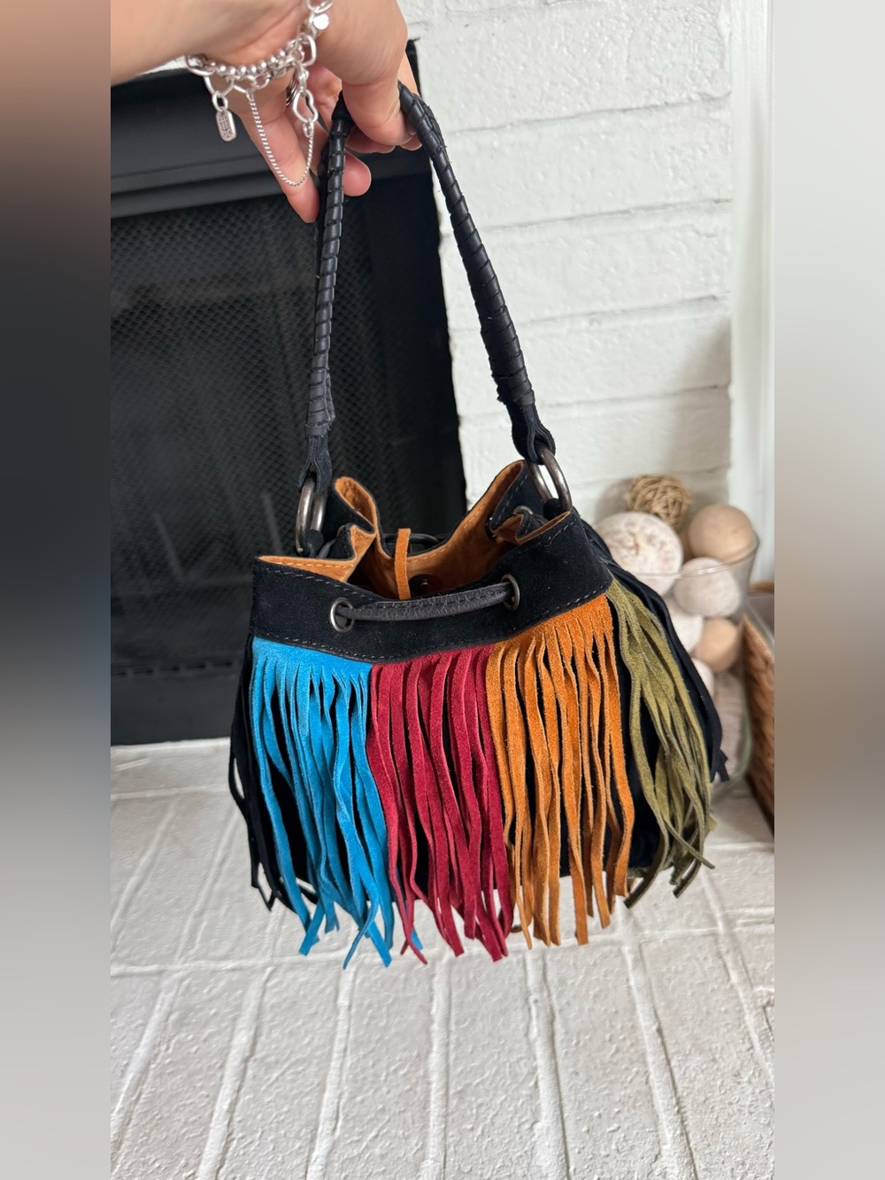 Patricia Nash Elisa Black Suede Multicolor Fringe Bucket Bag Boho Western - Picture 5 of 12
